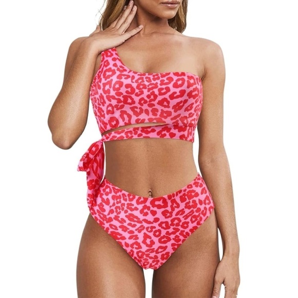 Pink Leopard One Shoulder High Waisted Bikini Tie High Cut Two Piece Swimsuits L - Picture 1 of 12